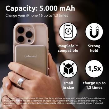 Intenso Power Bank 7344021 5000 мАч, 15 Вт беспроводная зарядка, 20 Вт USB-C PD, совместим с MagSafe, шампанское (7344021)