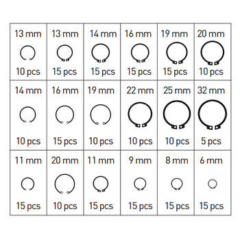 Hogert Snap Ring Set HT8G503, 225pcs, tērauds, 3-32mm, ārējie, iekšējie, 18 izmēri, plastmasas kase (HT8G503)