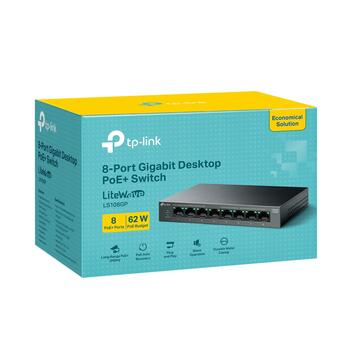 TP-LINK LS108GP настольный коммутатор, 8x Gigabit, 8x PoE+ 30W, бюджет 62W, 16 Гбит/с, 250м, без вентилятора (LS108GP)