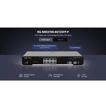 Ruijie Layer 2 Cloud-Managed Gigabit PoE+ коммутатор RG-NBS3100-8GT2SFP-P, 20 Gbps, 8x PoE+ порты, 2x SFP порты, 130W PoE бюджет (RG-NBS3100-8GT2SFP-P)