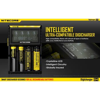 Nitecore Зарядное устройство D4EU 4-слотовое, совместимо с Li-ion, Ni-MH, Ni-Cd, ЖК-экран, 0.239 кг (D4EU)