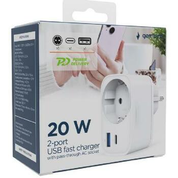 Gembird Зарядное устройство TA-ACPDQC20-01-W 20W, 2 порта, 110-230V, 3680W, 3A, 2.22A, 1x USB 2.0, 1x Type-C (TA-ACPDQC20-01-W)