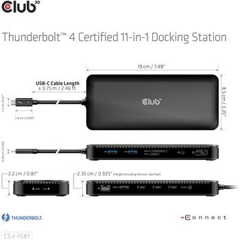 Club3D док-станция CSV-1581, Thunderbolt 4, 3x Thunderbolt 4, 3x USB 2.0, 1x RJ-45, 140 W, 1000 Mbit/c, черный (CSV-1581)