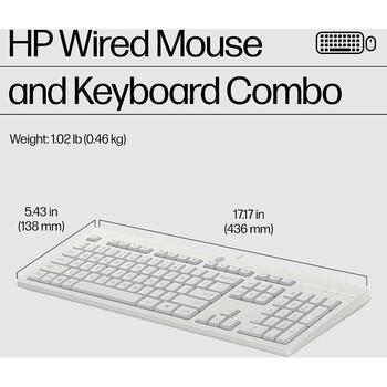HP 225 проводной комплект мыши и клавиатуры AW5S6AA#ACB, USB, 1200 DPI, оптическая, 3 кнопки, полноразмерная, белая, для офиса (AW5S6AA#ACB)