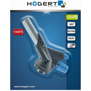 Hogert HT2C505 газовая горелка, 1 кВт, 1300°C, бутан, пьезоподжиг, угол 360°, регулировка пламени, START/STOP (HT2C505)