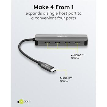 Goobay USB centrmezgls, 76565, 4 x USB-C 3.2, 10 Gbit/s, alumīnija/plastmasas korpuss, plāns dizains (76565)