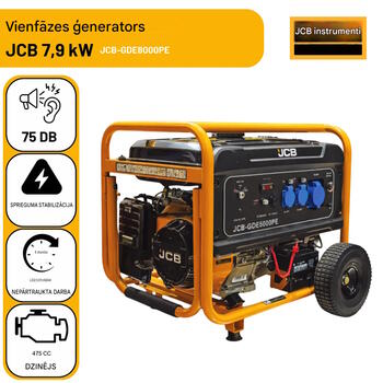 JCB benzīna ģenerators rezerves elektroapgādei 7.9kW 230V 1 fāze elektriskais un rokas starts AVR 25L riteņi JCB-GDE8000PE (JCB-GDE8000PE)