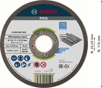 Grieš.ripa, nerūs.tēraud. 115X22X2 mm,metālam, Mazām leņķa slīpmašīnām PRO STAINLESS STEEL GRIEZĒJDISKS, 2608600093, BOSCH (2608600093)