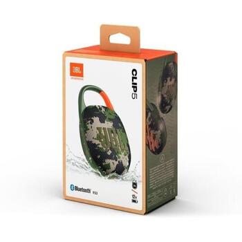 JBL Clip 5 SQUAD portatīvais skaļrunis, 7W, 95Hz-20kHz, BT 5.3, IP67, 15h, karabīne, kamuflāža (JBLCLIP5SQUAD)