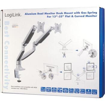 LogiLink крепление для монитора BP0043, 2 монитора, 13-32 дюйма, 2x9 кг, VESA 75x75/100x100 мм, газовая пружина, алюминий (BP0043)