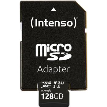 Intenso microSDXC 3433491 128GB, 100 MB/s lasīšanas ātrums, 45 MB/s rakstīšanas ātrums, UHS-I, Class 10, U3, V30, adapteris (3433491)