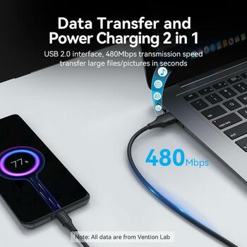 Vention USB 2.0 A Male uz C Male 3A kabelis 2M melns CTHBH, 2m, 3A, 0.48Gbit/s, PVC, Ni pārklājums (CTHBH)
