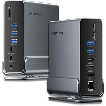 Vention док-станция TPUH0, 15-в-1, USB 3.2 Gen 2 Type-C, 100 W, 10 Gbit/s, 4K, 60 Гц, 3 монитора, 0.5 м USB кабель (TPUH0)