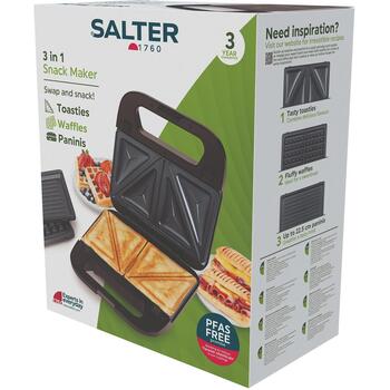 Salter 3-in-1 uzkodu gatavotājs EK6665VDE, 750W, 225x125mm, maināmas plāksnes, nepiedegoša virsma, gaismas indikatori (EK6665VDE)