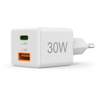 Hama 00201992 ātrais lādētājs, 30W, balts, 100-240V, 50/60Hz, USB-C PD 3.0, USB-A QC 2.0/3.0, 2 ierīces (00201992)