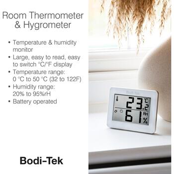 Bodi-Tek Комнатный термометр и гигрометр HGTH-EU/1,0, 0-50°C, 20-95% RH, цифровой, батарея, °C/°F переключение (HGTH-EU/1,0)