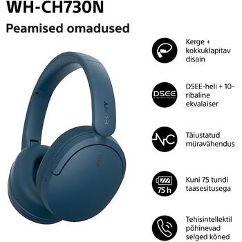 Sony bezvadu austiņas WH-CH730N WHCH730NL.CE7, 30mm, 6-20000Hz, 100Ω, 108dB, Bluetooth 6.0, aktīvā trokšņu slāpēšana (WHCH730NL.CE7)