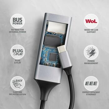 Axagon USB-C Gigabit Ethernet адаптер ADE-TXPD, 1000 Mbit/s, USB 3.2 Gen 1, 1 RJ-45 порт, Power Delivery 100W, алюминий (ADE-TXPD)