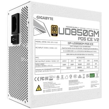 Gigabyte UD850GM PG5 ICE barošanas bloks, 850 W, 80 PLUS Gold, pilnībā modulārs, 120 mm ventilators, ATX 3.1 (GP-UD850GM PG5 ICE)
