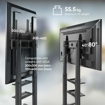 Onkron televizora statīvs TS2771-B, 40-80 collu, maksimālā slodze 65.5 kg, VESA 200x200-700x400 mm, 2 plaukti, melns (TS2771-B)