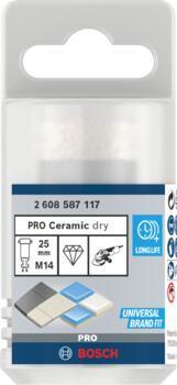 Dimanta caurumzāģis 25 mm DrySpeed Best for Ceramic, Mazām leņķa slīpmašīnām PRO CERAMIC DRY KROŅURBIS, 2608587117, BOSCH (2608587117)
