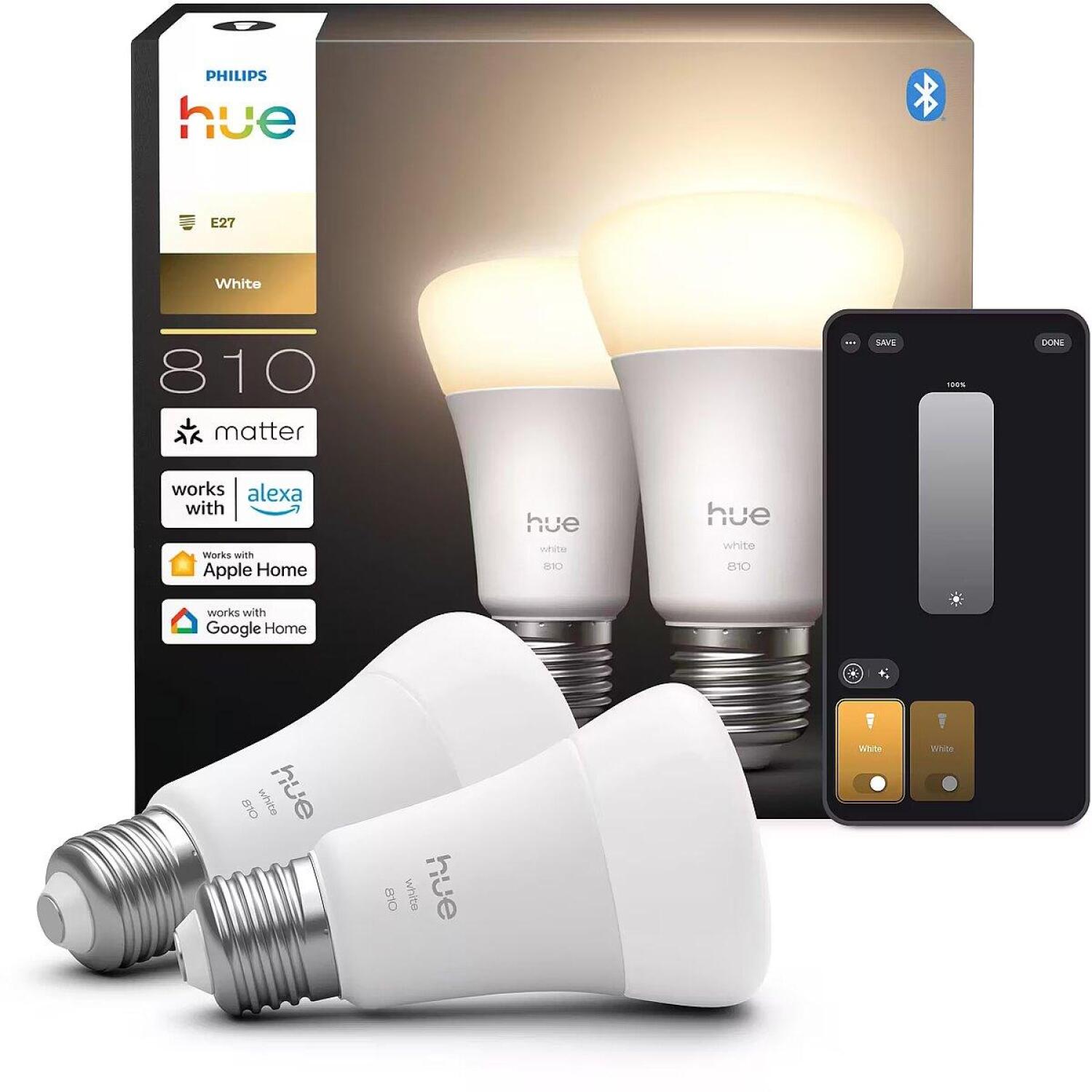 Philips Hue светодиодная лампа W 810 A60 2P EU 8721103072566, 7 Вт, E27, 810 лм, 2700 К, 220-240 В, Bluetooth, Zigbee, 2 шт (8721103072566)