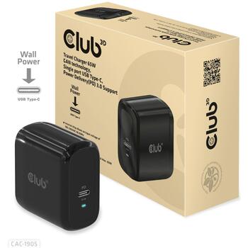 Club3D lādētājs CAC-1905EU 65W, 100-240V, 1x USB Type-C, PD 3.0, OCP, OVP, SCP, OTP, CE, FCC, melns (CAC-1905EU)
