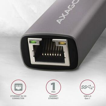 Axagon Сетевой адаптер ADE-TR, 1000 Mbit/s, USB 3.2, Realtek RTL8153, Gigabit Ethernet, Plug and Play, адаптер питания (ADE-TR)