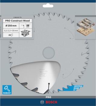 Ripzāģa disks Construct Wood 250x30x3,2mm, Z20, Galda zāģiem PRO CONSTRUCT WOOD RIPZĀĢA ASMENS, 2608641774, BOSCH (2608641774)