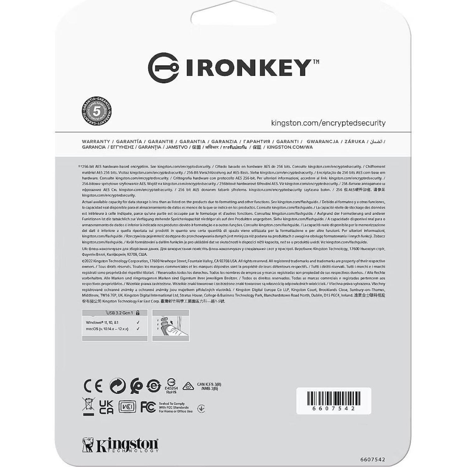 Kingston USB флеш-накопитель IKVP50/32GB, 32GB, USB 3.2 Gen 1, 250MB/s чтение, 180MB/s запись, аппаратное шифрование AES-256 XTS (IKVP50/32GB)