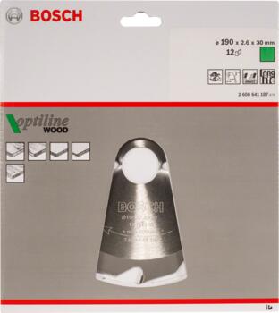 Koka ripzāģa asmens, precīzi asināti karbīda zobi, 190 mm, 12 zobi, 2608641187, BOSCH (2608641187)