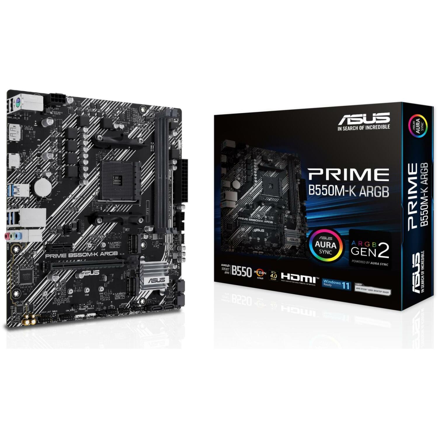 Asus Dēlis PRIME B550M-K ARGB, AM4, DDR4, 64 GB, 2 x M.2, 4 x SATA III, 1 x HDMI, 1 x DisplayPort, 7.1 audio, RGB (PRIMEB550M-KARGB)