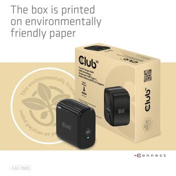 Club3D lādētājs CAC-1905EU 65W, 100-240V, 1x USB Type-C, PD 3.0, OCP, OVP, SCP, OTP, CE, FCC, melns (CAC-1905EU)