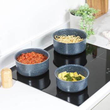 Russell Hobbs Katliņu komplekts RH03294EU7, 16cm, 18cm, 20cm, noņemams rokturis, zils marmora pārklājums (RH03294EU7)