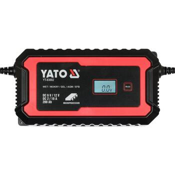 Yato akumulatoru lādētājs YT-83002, 6/12V d.c., 2/10A, 5-200Ah, 220-240V a.c., 50Hz, LCD displejs, mikroprocesors, IPX0, II klase (YT-83002)