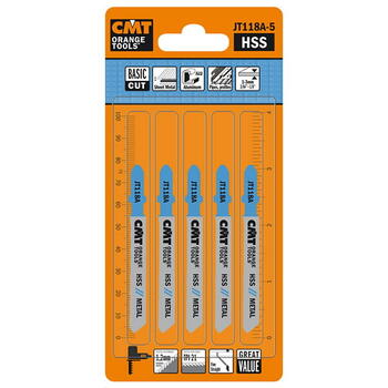 Cmt Figūrzāģa asmens metālam JT118A-5, 50mm, 76mm, 21 TPI, 1,2mm, HSS, 5 gab, T stūris, 1-3mm (JT118A-5)
