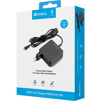 Sandberg 135-79 USB-C AC lādētājs PD65W, 65W, 230V, 20V, 5V, 3A, 1m, kompakts, aizsardzība pret pārslodzi un īssavienojumu (135-79)
