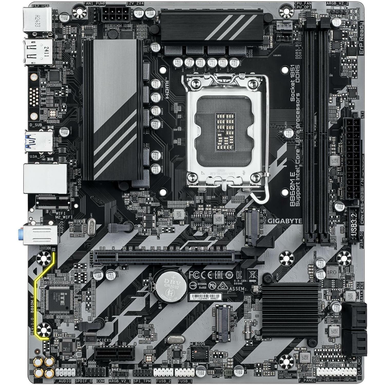 Gigabyte Материнская плата B860M E 1.0, Intel Core Ultra, 4+1+2 фазы VRM, до 8800MHz DDR5, 2xPCIe 4.0 M.2, 1GbE LAN, USB 3.2 Gen 1 (B860M E 1.0)