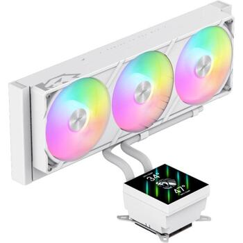 Gamemax procesora šķidruma dzesētājs GLACIER 360 LCD WH, 85.82 cfm, TDP līdz 330W, ARGB ventilators, 800-2000 rpm (GLACIER 360 LCD WH)