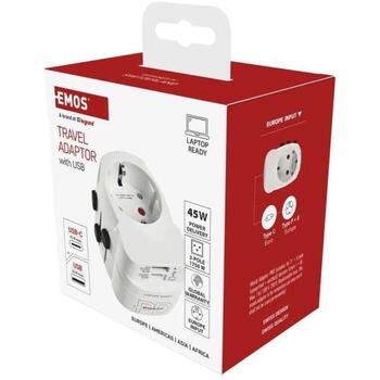 Emos P0056U дорожный адаптер, 1×USB-C PD 45W, 1×USB-A QC 3.0, 100-250V, 7A, белый (P0056U)