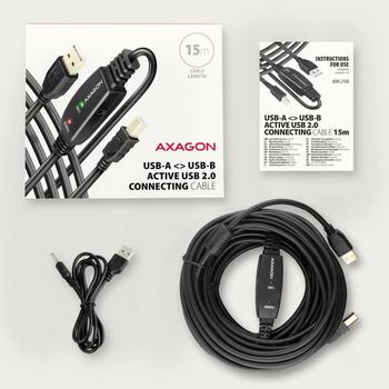 Axagon USB кабель ADR-215B, 15м, активный, USB 2.0 A-M, B-M, 1 x USB 3.0 B, источник питания (ADR-215B)
