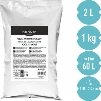 Browin 405109 Aktīvā kokosogles 1 kg, 0,55-2,4 mm, jods >900 mg/g, pelni <3%, 60 L, destilācijai (405109)