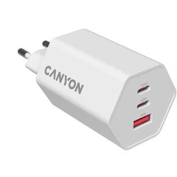Kompakts sienas lādētājs ar GaN tehnoloģiju 65 W kopējo jaudu 2×PD un 1×QC ātrās uzlādes portiem HEXAGON 65 GaN 65W EU Balts CND-CHAHEX65W CANYON (CND-CHAHEX65W)