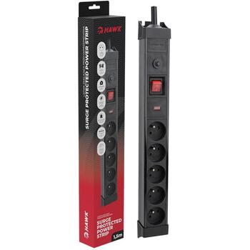 Hawk Удлинитель HWPS502BK, 1,5м, 5 розеток, 16A, 545J, черный, с выключателем, заземлением (HWPS502BK)