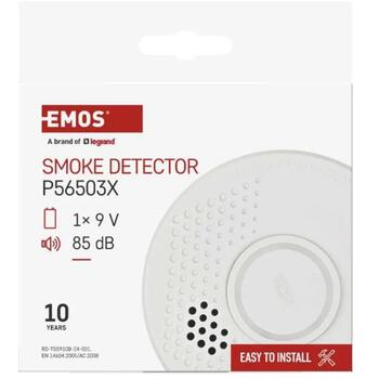 Emos Датчик дыма TSS910B P56503X, 101×36mm, 10 лет, 1×9V, 5–95%, 0–40°C, оптический и звуковой, >85dB (P56503X)