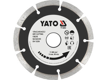 Yato Алмазный отрезной диск YT-6003, 125 мм, 11000 об/мин, 8 мм, 22.2 мм, 2.2 мм, 80 м/с, сухая резка, сталь 65Mn, сегмент (YT-6003)