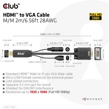 Club3D Видео кабель HDMI на VGA CAC-1712 2м 28AWG, VGA (D-Sub) + 3.5mm, HDMI + Micro-USB, 1920 x 1080 (CAC-1712)