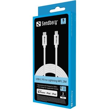 Sandberg USB-C PD uz Lightning MFI kabelis 136-59, 2m, USB 3.1 Gen 1, balta, 45g, ātra uzlāde, USB Type-C, Lightning (136-59)