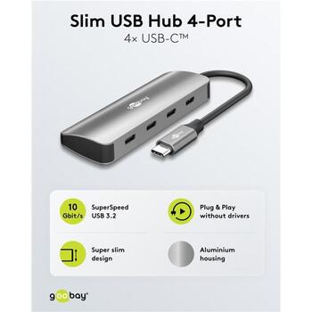 Goobay USB centrmezgls, 76565, 4 x USB-C 3.2, 10 Gbit/s, alumīnija/plastmasas korpuss, plāns dizains (76565)