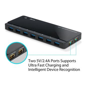 TP-Link UH720 USB 3.0 centrmezgls, 7 porti, 2 uzlādes porti, 5Gbps, 5V/2.4A, Windows/Mac/Linux (UH720)